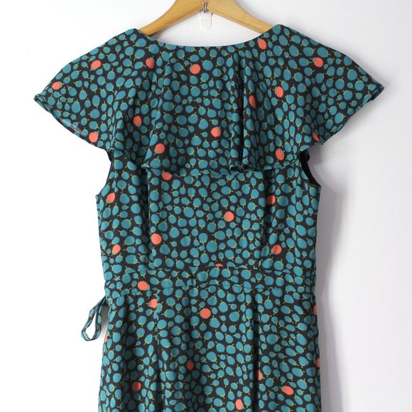 Anthropologie HD in Paris Dress Sz 0 Black Green Floral Faux Wrap ruffle V-neck - Picture 6 of 15